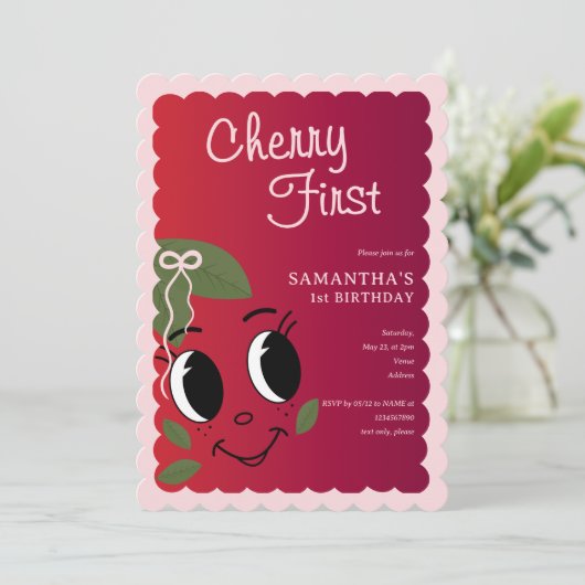 Sweet Cherry eerste meisje Schattigee Cartoon 1e v Kaart (Staand voorkant)