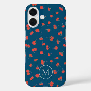 Sweet Cherry Pattern op Dark Blue Monogram iPhone 16 Hoesje