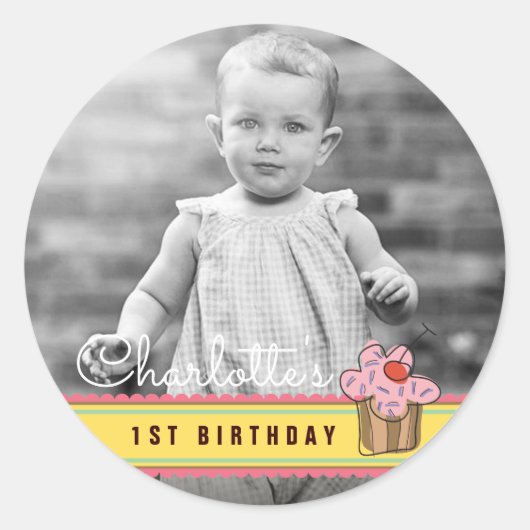 Sweet Cherry Pink Cupcake Birthday Foto Sticker (Voorkant)