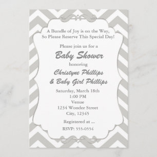 Sweet Chevron White & Grey Baby shower Invitation Kaart