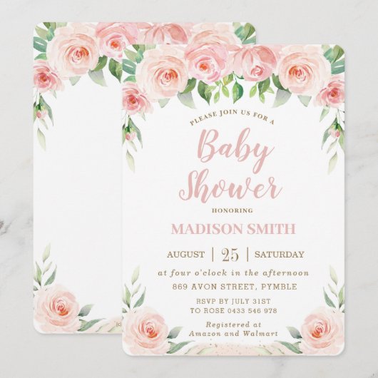 Sweet Chic Blush Pink Floral Greenery Baby shower Kaart (Voorkant / Achterkant)