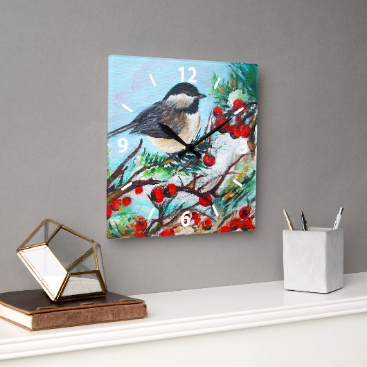 Sweet Chickadee Bird Painting Wall Décor Vierkante Klok