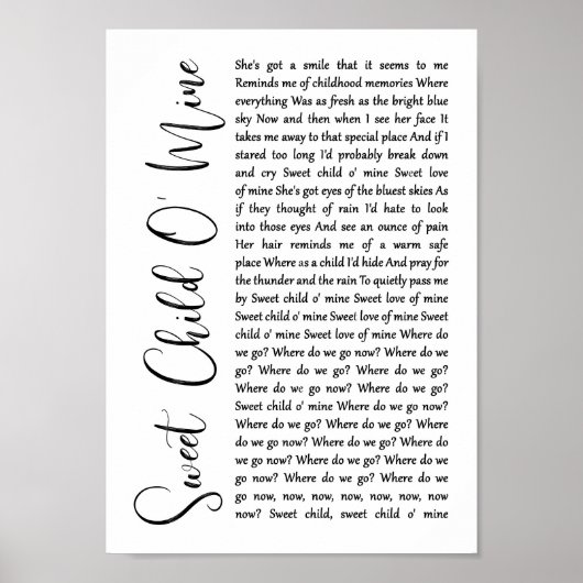 Sweet Child O' Mine White Script Song Lyric Print (Voorkant)