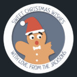 Sweet Christmas cartoon gebeten peperkoek man Ronde Sticker<br><div class="desc">Lieve kerstwensen! Deze leuke kerst ronde sticker is voorzien van een zoete gebeten peperkoek man met een rood pet, op een elegante blauwe achtergrond. Plak het aan je cadeaus of enveloppen om je vriend een lief kerstfeest te wensen. U kunt de formulering van deze feestelijke sticker eenvoudig aanpassen met uw...</div>