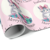 Sweet Christmas Kitten Big Pink Bow Add Name Cadeaupapier (Rol Hoek)