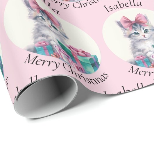 Sweet Christmas Kitten Big Pink Bow Add Name Cadeaupapier (Rol Hoek)