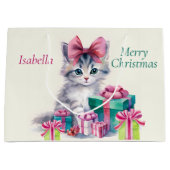 Sweet Christmas Kitten Big Pink Bow Add Name Groot Cadeauzakje (Voorkant)