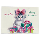 Sweet Christmas Kitten Big Pink Bow Add Name Groot Cadeauzakje (Achterkant)