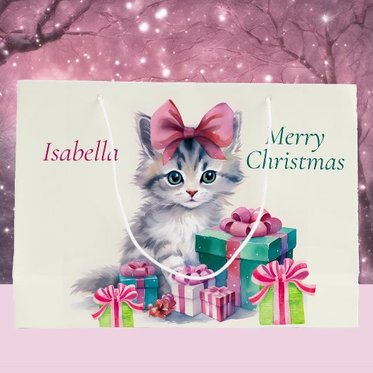Sweet Christmas Kitten Big Pink Bow Add Name Groot Cadeauzakje