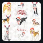 Sweet Christmas Santa hat Dogs Monogram Vierkante Sticker<br><div class="desc">Een lief ontwerp voor hondenliefhebbers: prachtige aquarelhonden met kerstmuts,  rendiergewei,  strik- en kerst gezegden. Ga voor meer informatie naar het Christmas Dogs Collectie.</div>
