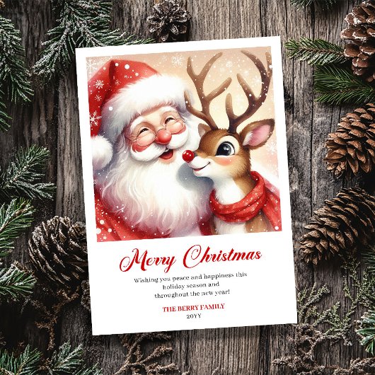 Sweet Classic Santa With Rudolph Holiday Greeting  Feestdagenkaart