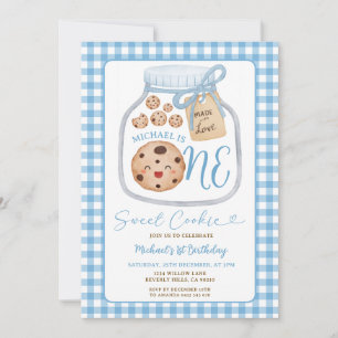 Sweet Cookie Boy Eerste Verjaardag Blue Gingham Ja Kaart