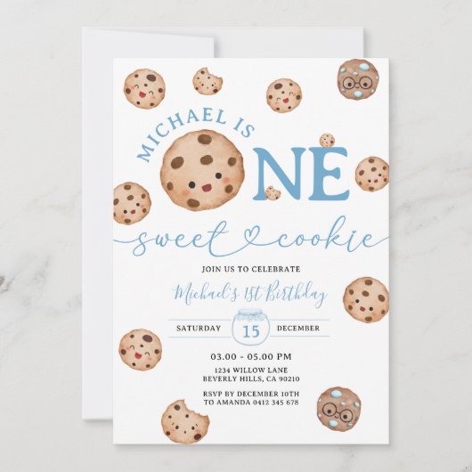 Sweet Cookie Boy Eerste Verjaardag Blue Gingham Ja Kaart (Voorkant)