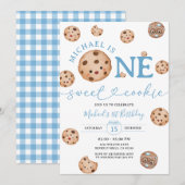 Sweet Cookie Boy Eerste Verjaardag Blue Gingham Ja Kaart (Voorkant / Achterkant)