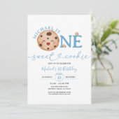 Sweet Cookie Boy Eerste Verjaardag Blue Gingham Ja Kaart (Staand voorkant)