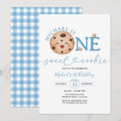 Sweet Cookie Boy Eerste Verjaardag Blue Gingham Ja Kaart (Voorkant / Achterkant)