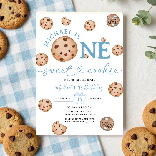 Sweet Cookie Boy Eerste Verjaardag Blue Gingham Ja Kaart