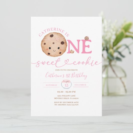 Sweet Cookie Girl Eerste Verjaardag Pink Gingham J Kaart (Staand voorkant)