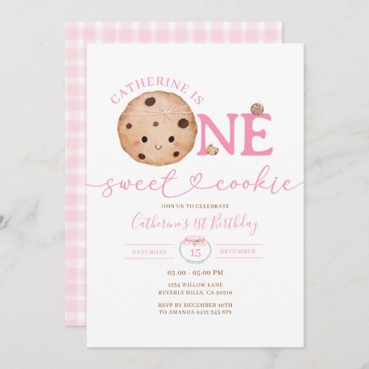 Sweet Cookie Girl Eerste Verjaardag Pink Gingham J Kaart (Voorkant / Achterkant)