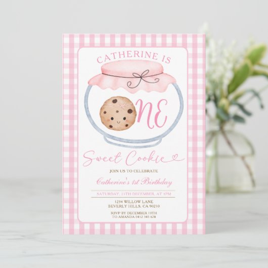 Sweet Cookie Girl Eerste Verjaardag Pink Gingham J Kaart (Staand voorkant)