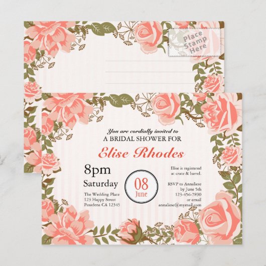 Sweet Coral rozen tuin vrijgezellenfeest Uitnodiging Briefkaart (Voorkant / Achterkant)