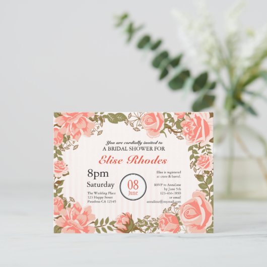 Sweet Coral rozen tuin vrijgezellenfeest Uitnodiging Briefkaart (Staand voorkant)