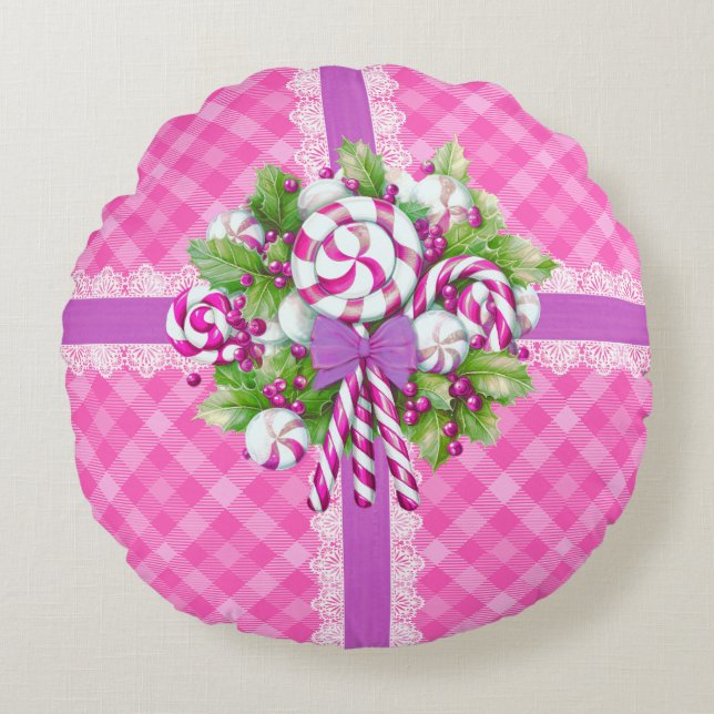 Sweet Cottage Roze en Paarse Rond Kussen (Voorkant)