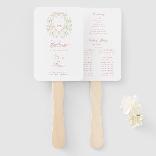 Sweet Crest Monogram Wedding Programma Handwaaier (Voorkant en achterkant)