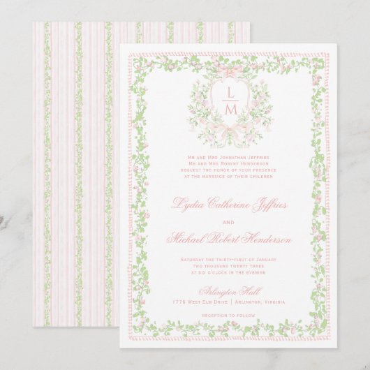 Sweet Crest w/Blush Pink Bow | Monogram bruiloft Kaart (Voorkant / Achterkant)