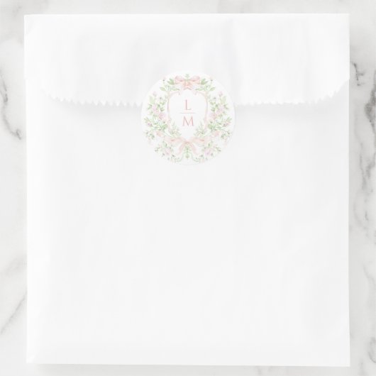 Sweet Crest w/Blush Pink Bow | Monogram bruiloft Ronde Sticker (Tas)