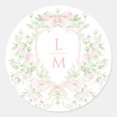 Sweet Crest w/Blush Pink Bow | Monogram bruiloft Ronde Sticker (Voorkant)