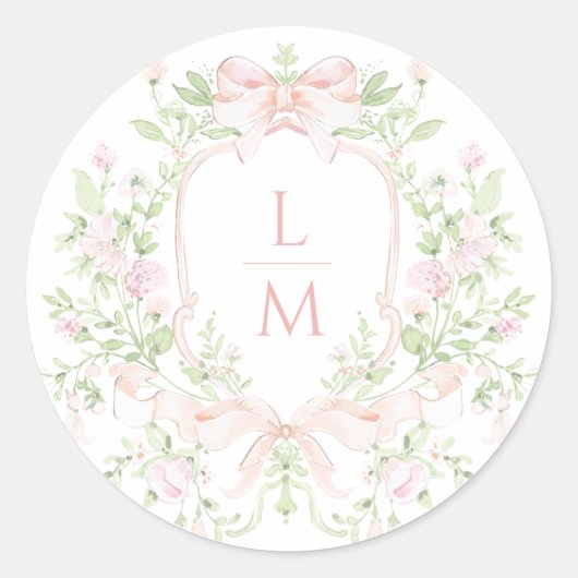 Sweet Crest w/Blush Pink Bow | Monogram bruiloft Ronde Sticker (Voorkant)