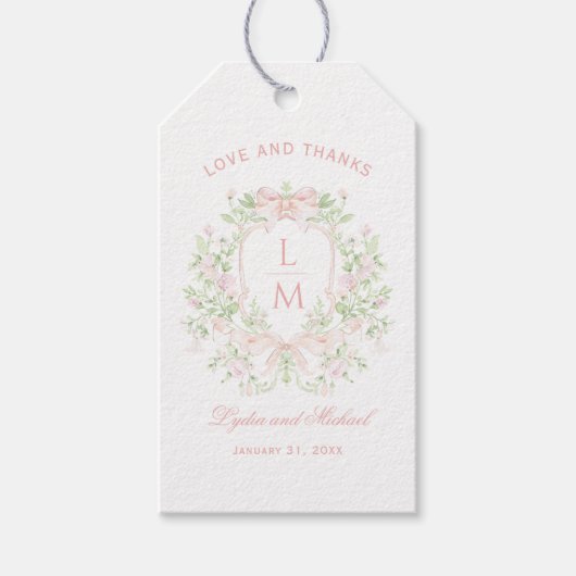 Sweet Crest w/Blush Pink Bows | Monogram bruiloft Cadeaulabel (Voorkant)