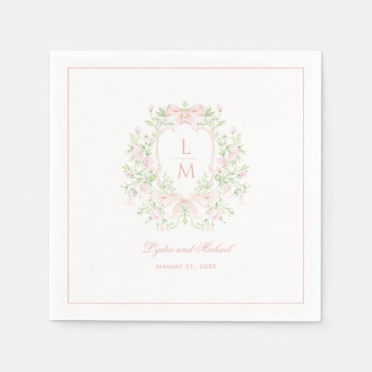 Sweet Crest w/Blush Pink Bows | Monogram bruiloft Servet (Voorkant)