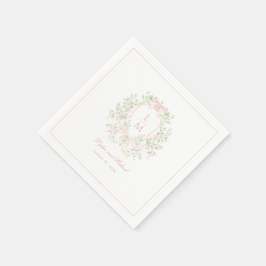 Sweet Crest w/Blush Pink Bows | Monogram bruiloft Servet (Hoek)