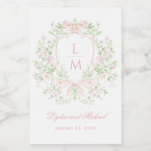 Sweet Crest w/Blush Pink Bows | Monogram bruiloft Wijn Etiket (Enkel label)
