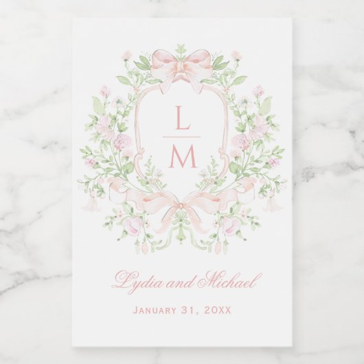 Sweet Crest w/Blush Pink Bows | Monogram bruiloft Wijn Etiket (Enkel label)