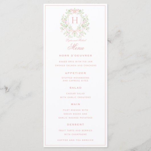 Sweet Crest w/Pink Bows | Monogram bruiloft Menu (Voorkant)