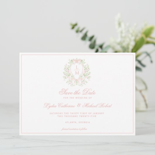 Sweet Crest w/Pink Bows Save The Date (Staand voorkant)