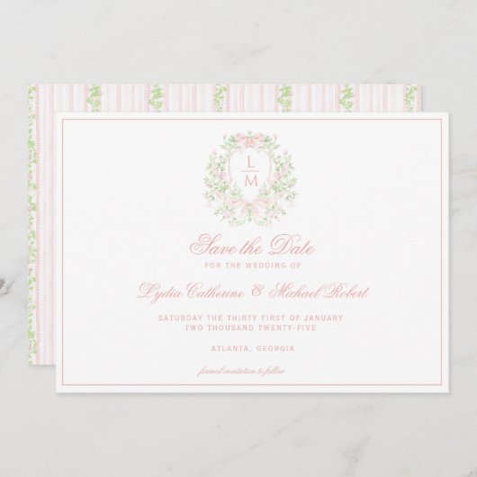 Sweet Crest w/Pink Bows Save The Date (Voorkant / Achterkant)