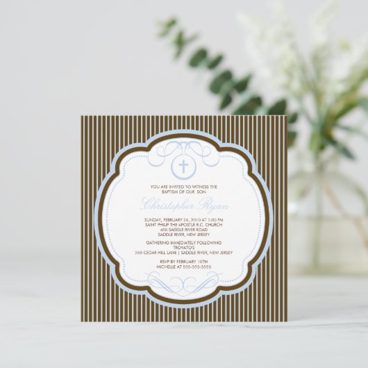 Sweet Cross Blue en Brown Boy Baptism Inture Kaart (Staand voorkant)