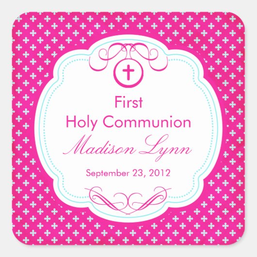 Sweet Cross in Lijst First Holy Communion Roze Vierkante Sticker (Voorkant)