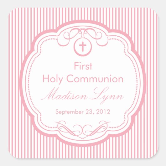 Sweet Cross in Lijst First Holy Communion Roze Vierkante Sticker (Voorkant)
