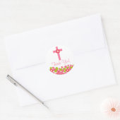 Sweet Cross Roze Bloemen Eerste Heilige Communie Ronde Sticker (Envelop)