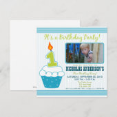 Sweet Cupcake 1st Birthday Party Invitation Aqua Kaart (Voorkant / Achterkant)