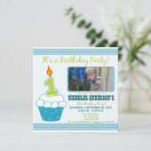 Sweet Cupcake 1st Birthday Party Invitation Aqua Kaart (Staand voorkant)