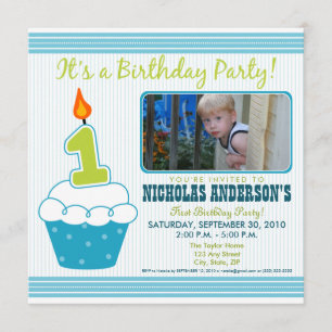 Sweet Cupcake 1st Birthday Party Invitation Aqua Kaart