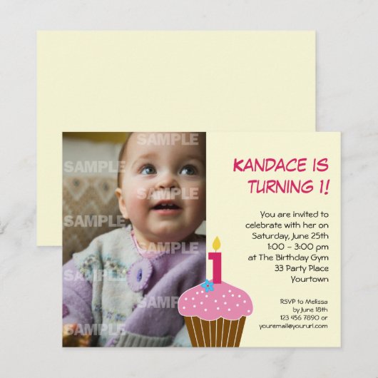 Sweet Cupcake 1st Birthday Party Invitation Kaart (Voorkant / Achterkant)