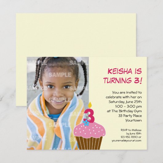 Sweet Cupcake 3rd Birthday Party Invitation Kaart (Voorkant / Achterkant)