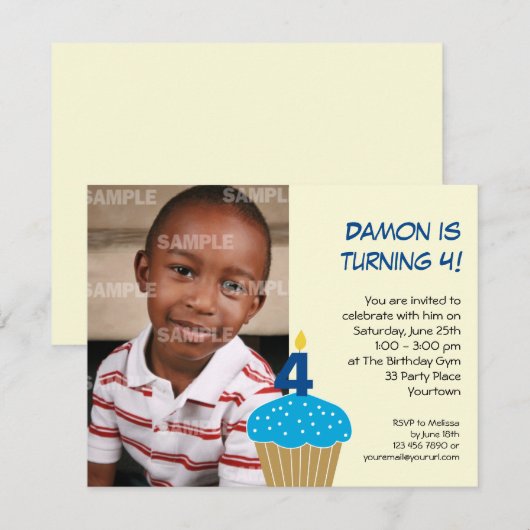 Sweet Cupcake 4th Birthday Party Invitation Kaart (Voorkant / Achterkant)